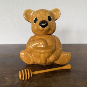 Vintage Ceramic Teddy Bear Honey Pot Jar with Removable Head‎ And Honey Dipper